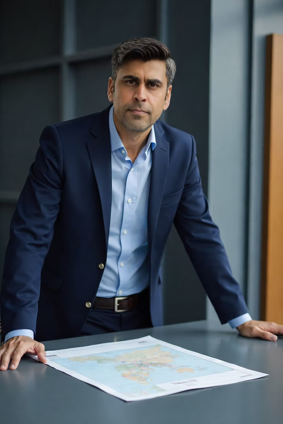 CEO leaning over a world map on a table, symbolizing global vision and strategic leadership.